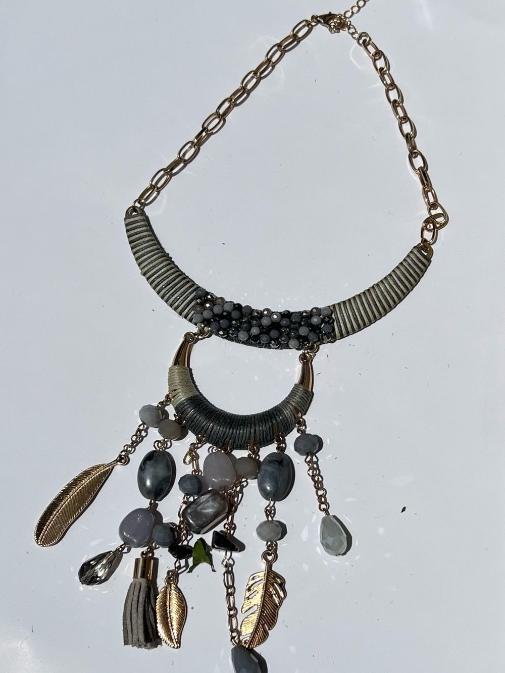 Grey & Gold Beaded Fringe Statement Necklace